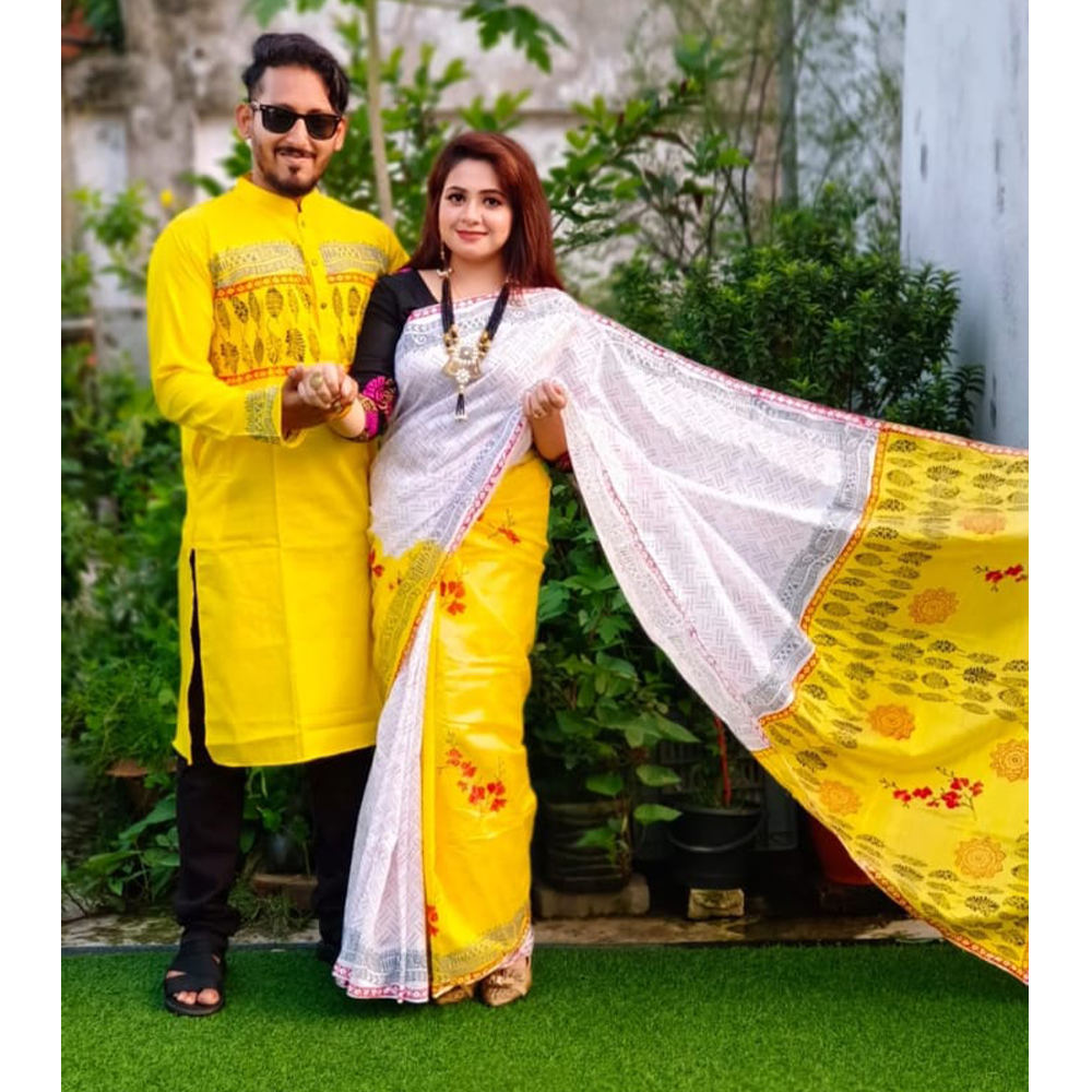 Dhupian Silk Saree and Dhupian Panjabi for Couple - Yellow - HS-00108