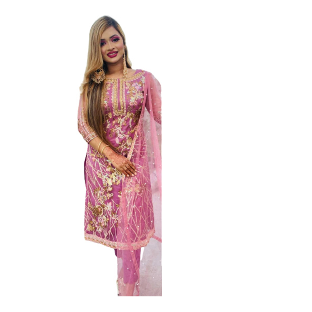 Soft Net Embroidery Unstitched Salwar Kameez For Women - Pink - 4G-11