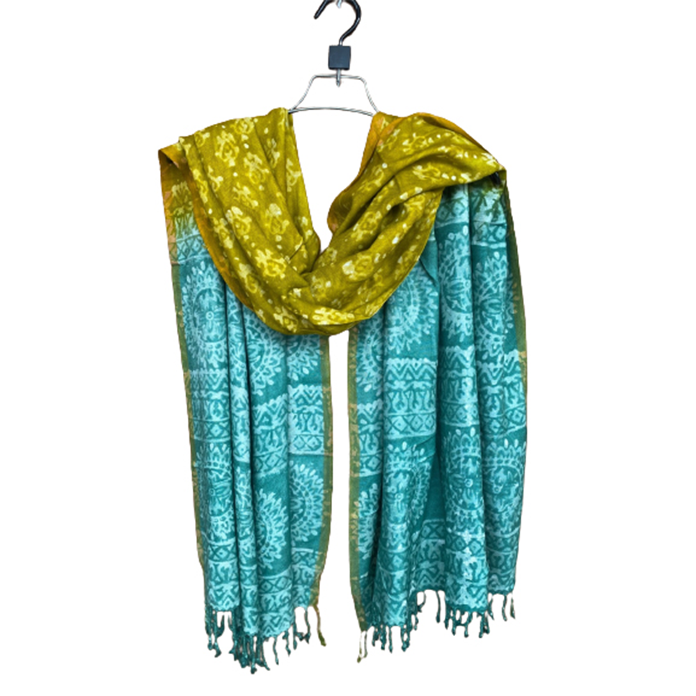 Cotton Batik Design Winter Shawl For Women - Olive and Sky - SL-36