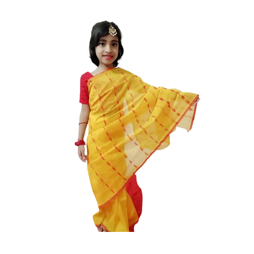 Cotton Jamdani Saree for Baby Girls - Yellow - HJ-05