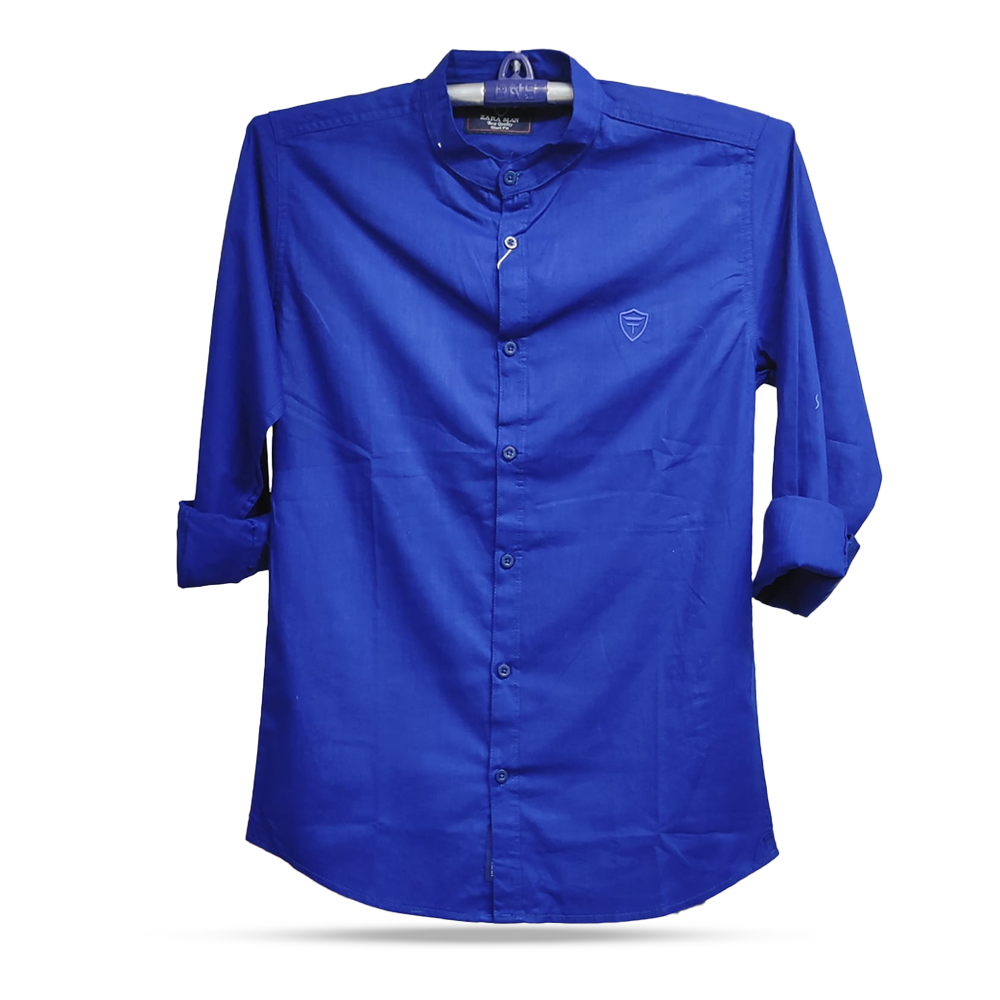 Oxford Cotton Full Sleeve Band Collar Shirt For Men - Blue - OP21