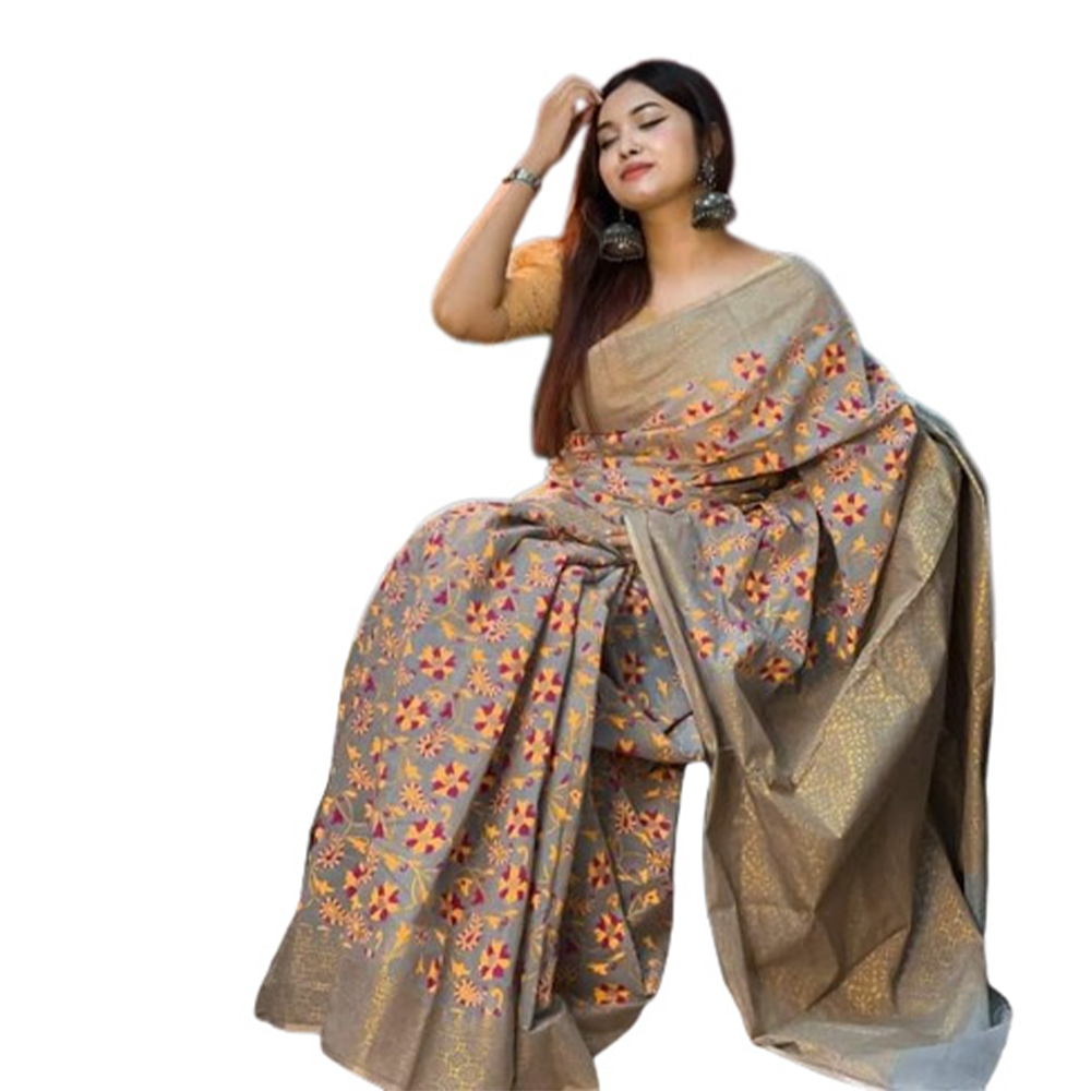 Half Silk Hand Printed Sharee For Women - Multicolor - SP-114