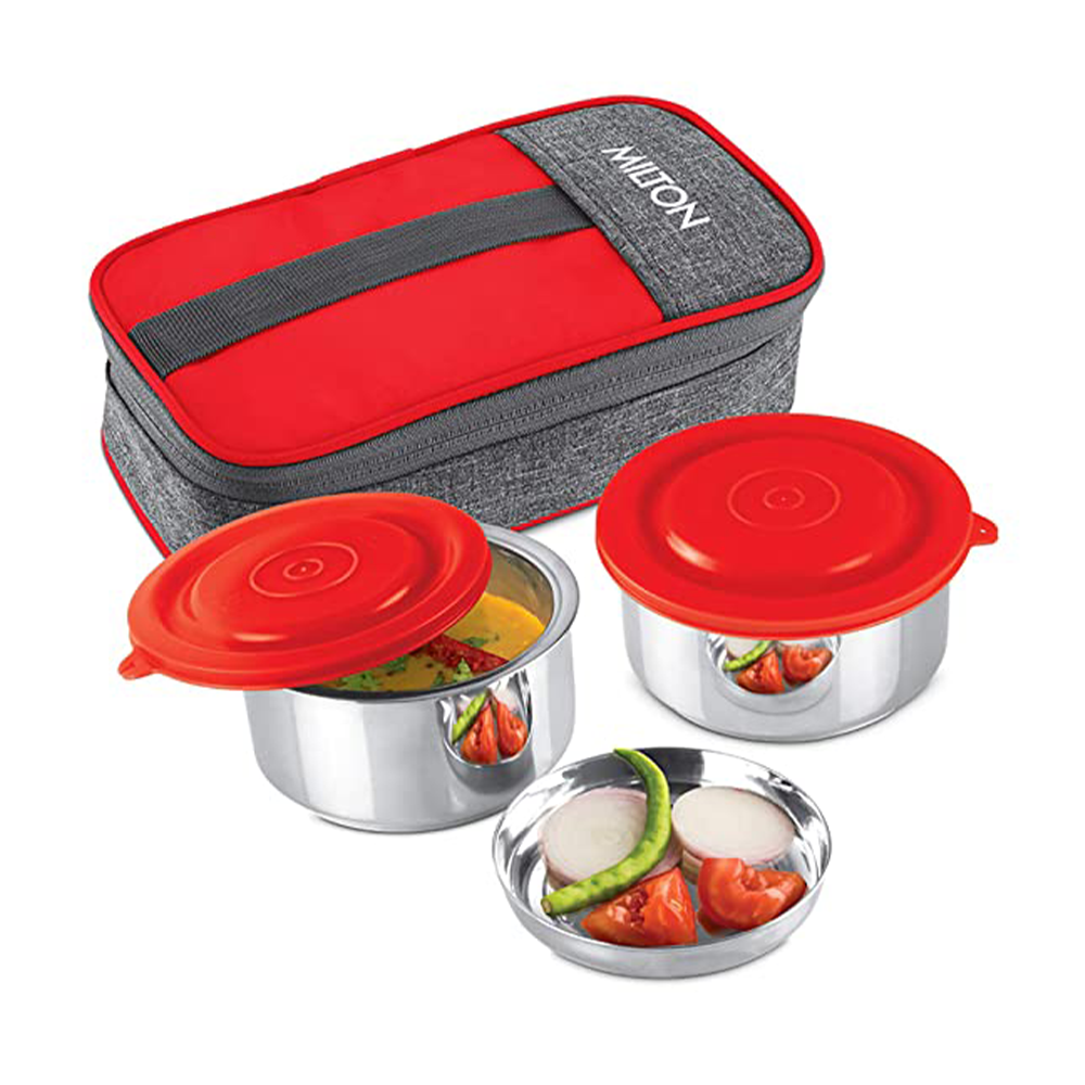 Milton Pasto Lunch Box Stainless Steel 2 Containers with Denim Insulated Jacket - 350 ml - Red