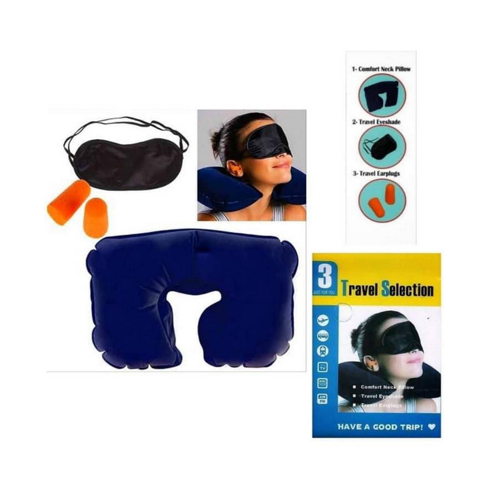 Set Of Travel Selection Comfort Neck Pillow, Sleeping Eye Mask And Travel Earplug - 3 in 1 