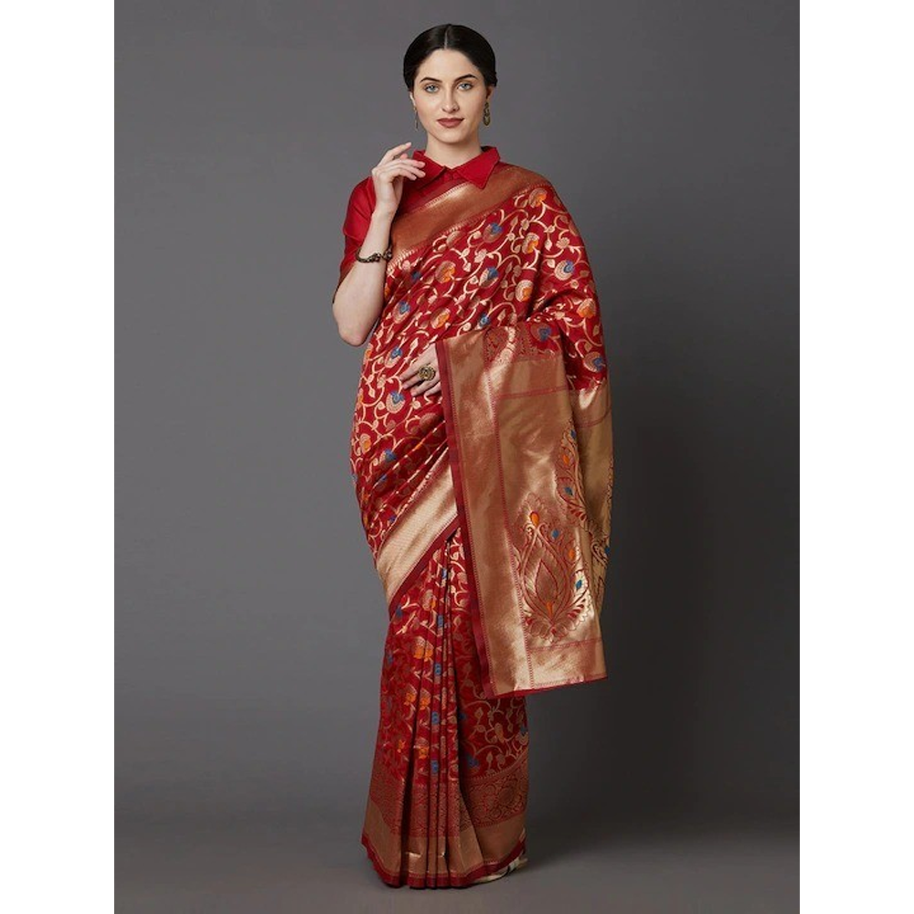 Silk Printed Gorgeous Saree With Blouse Piece For Women - Red - MN-755