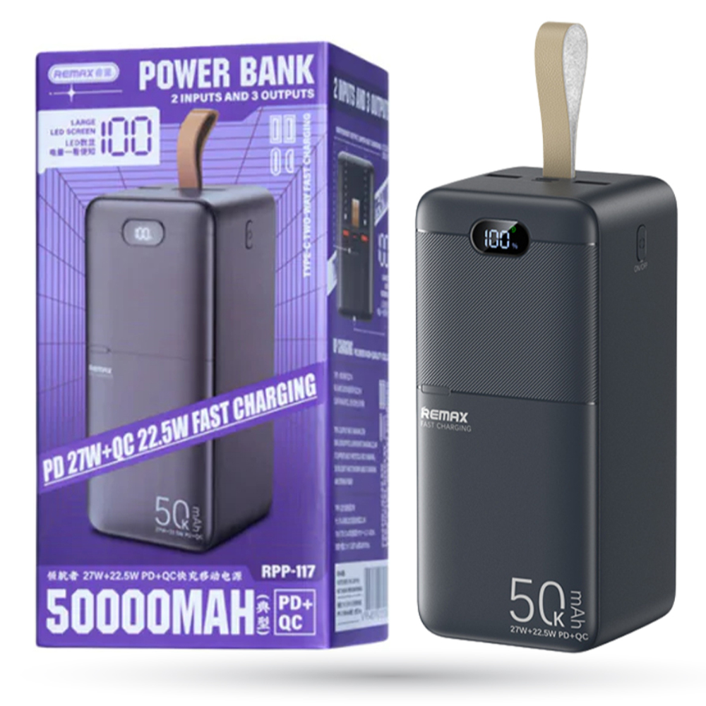 Remax RPP-117 Piloteer Series PD 27W+QC 22.5W Fast Charging Power Bank - 50000mAh   - Black