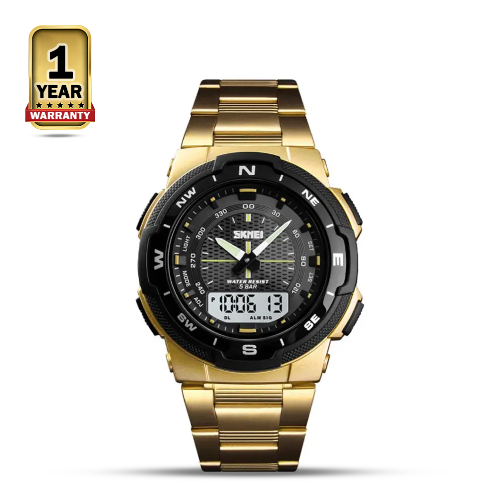 SKMEI 1370 Stainless Steel Dual Time Watch For Men - Golden