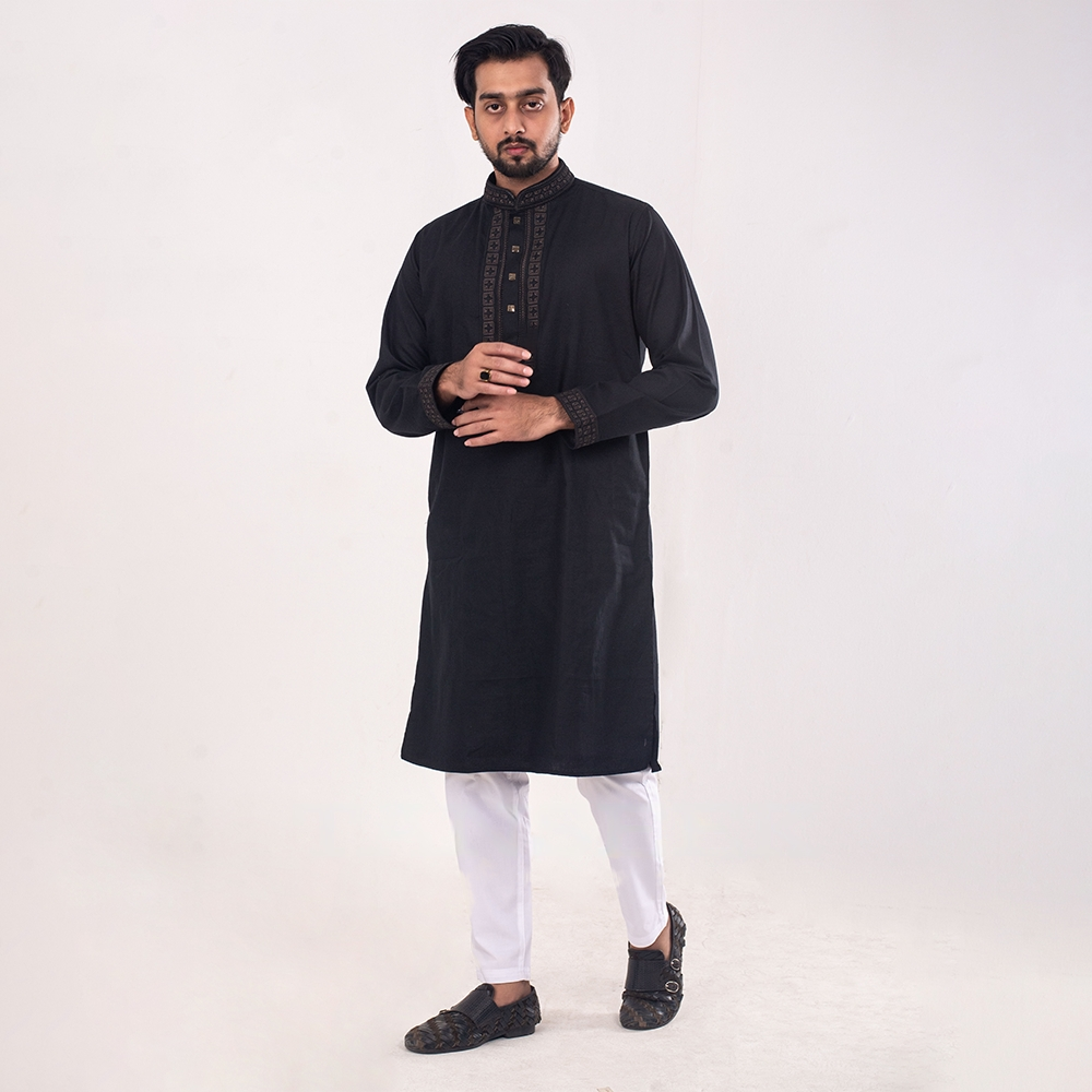 Cotton Embroidery Panjabi For Men - Black - EM00620