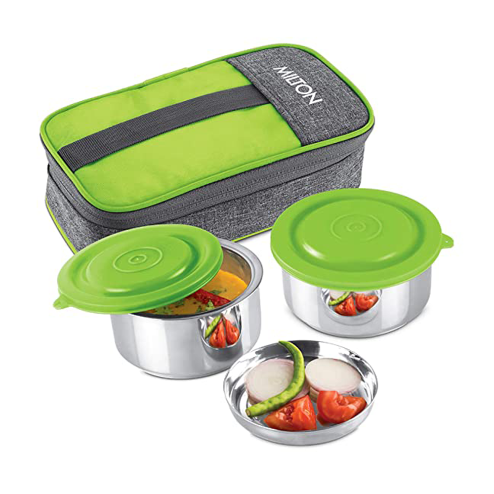 Milton Pasto Lunch Box Stainless Steel 2 Containers with Denim Insulated Jacket - 350 ml - Green