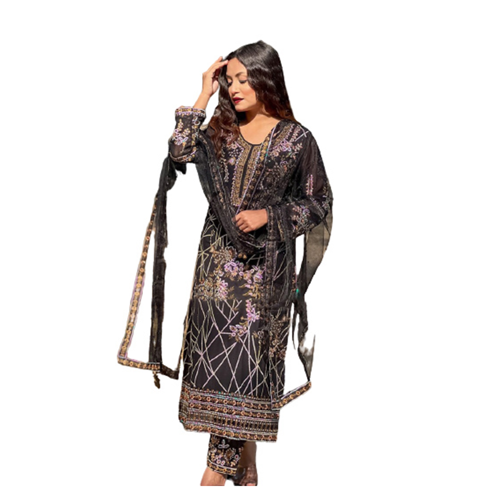 Soft Net Embroidery Unstitched Salwar Kameez For Women - Multicolor - 4G-09