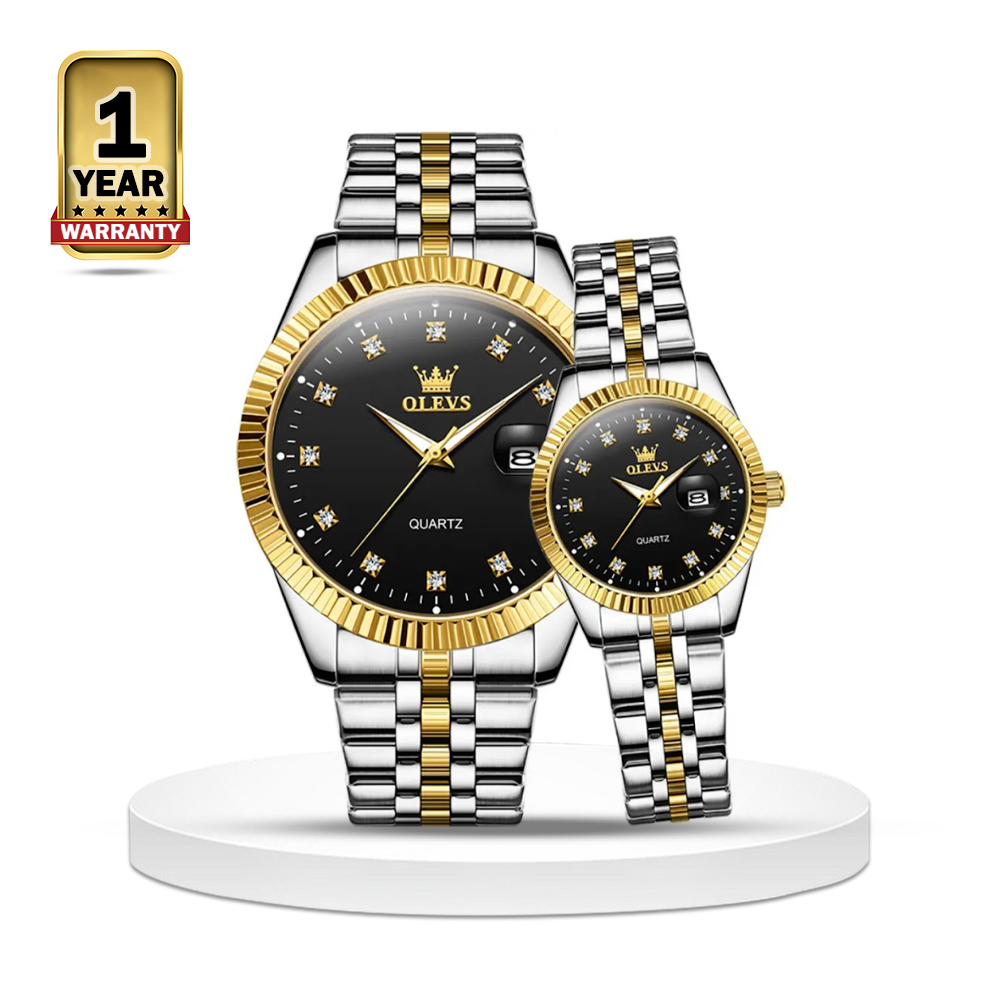 OLEVS 5526 Stainless Steel Waterproof Elegant Quartz Couple Wrist Watch - Silver Gold and Black