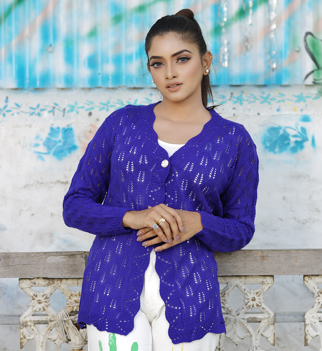 Acrylic Short Cardigan for Women - Royal Blue