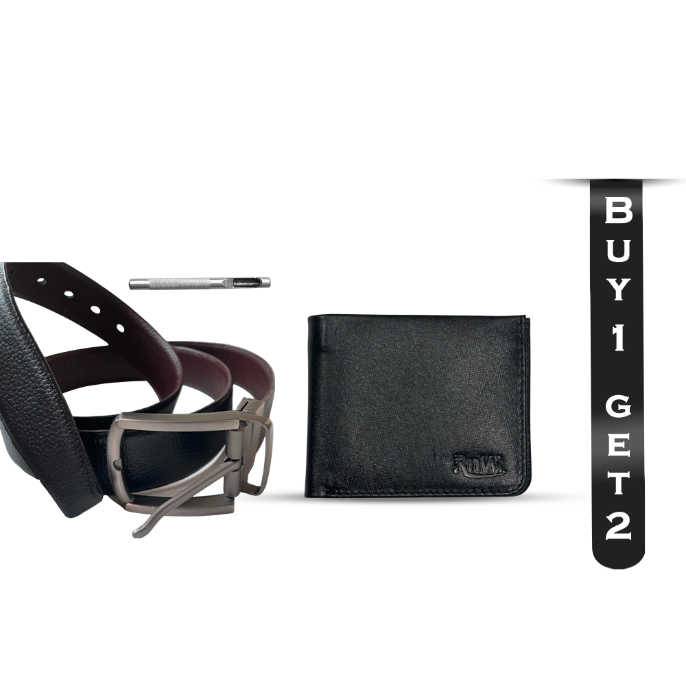 Buy 1 Leather Belt and Get 2 Wallet and Punch Machine For Men Free - Black - RIC-BELT-BS-DW