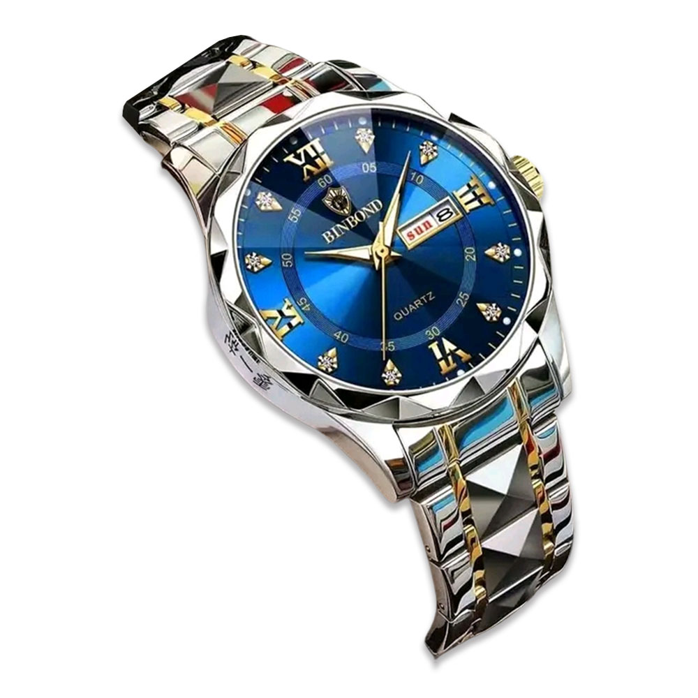 Binbond B2521 Stainless Steel Quartz Wrist Watch For Men - Two Tone Blue