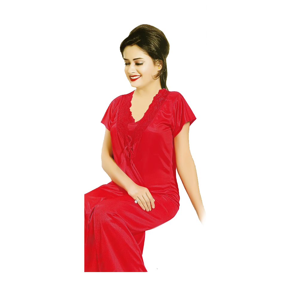 SUPERTRENDY 401-01 Four Part Women Nighty Set - Red