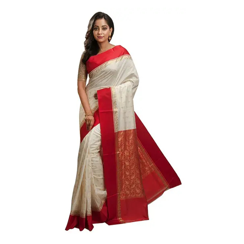 Banarasi Katan Silk Saree With Blouse Piece For Women - White and Red