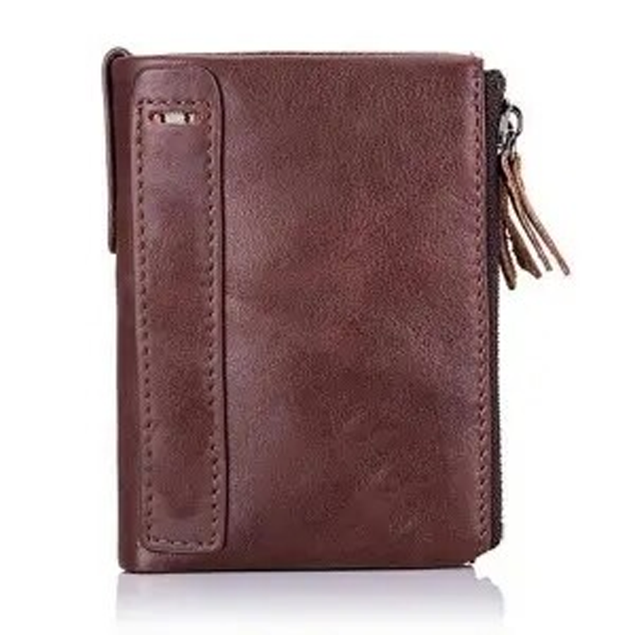 Leather Two Zipper Wallet For Men - Brown