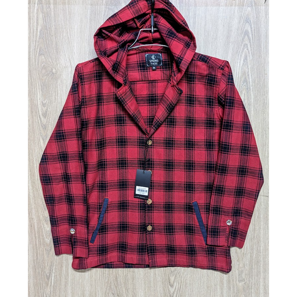 Flannel Cotton Hooded Shirt - Red - SP0019