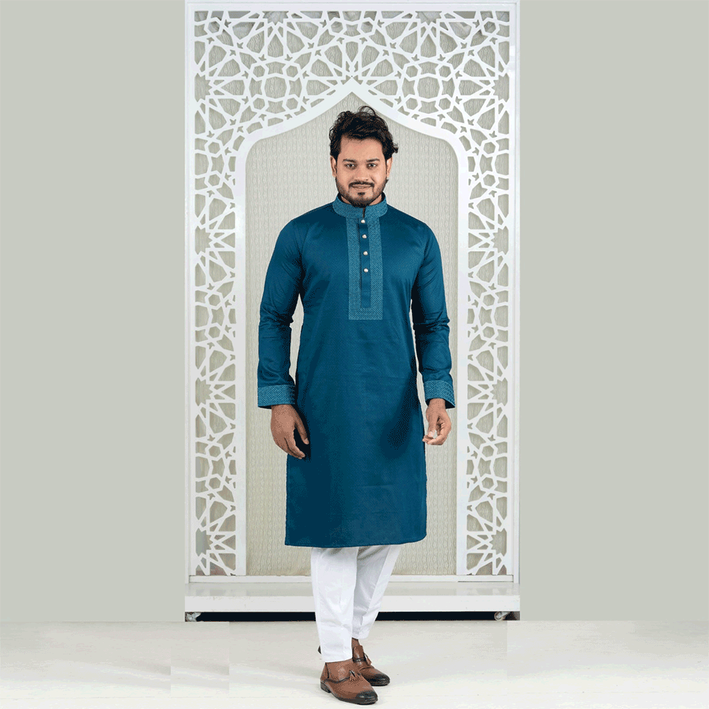 Cotton Embroidered Semi Long Panjabi for Men - Sea Green - ACP-429