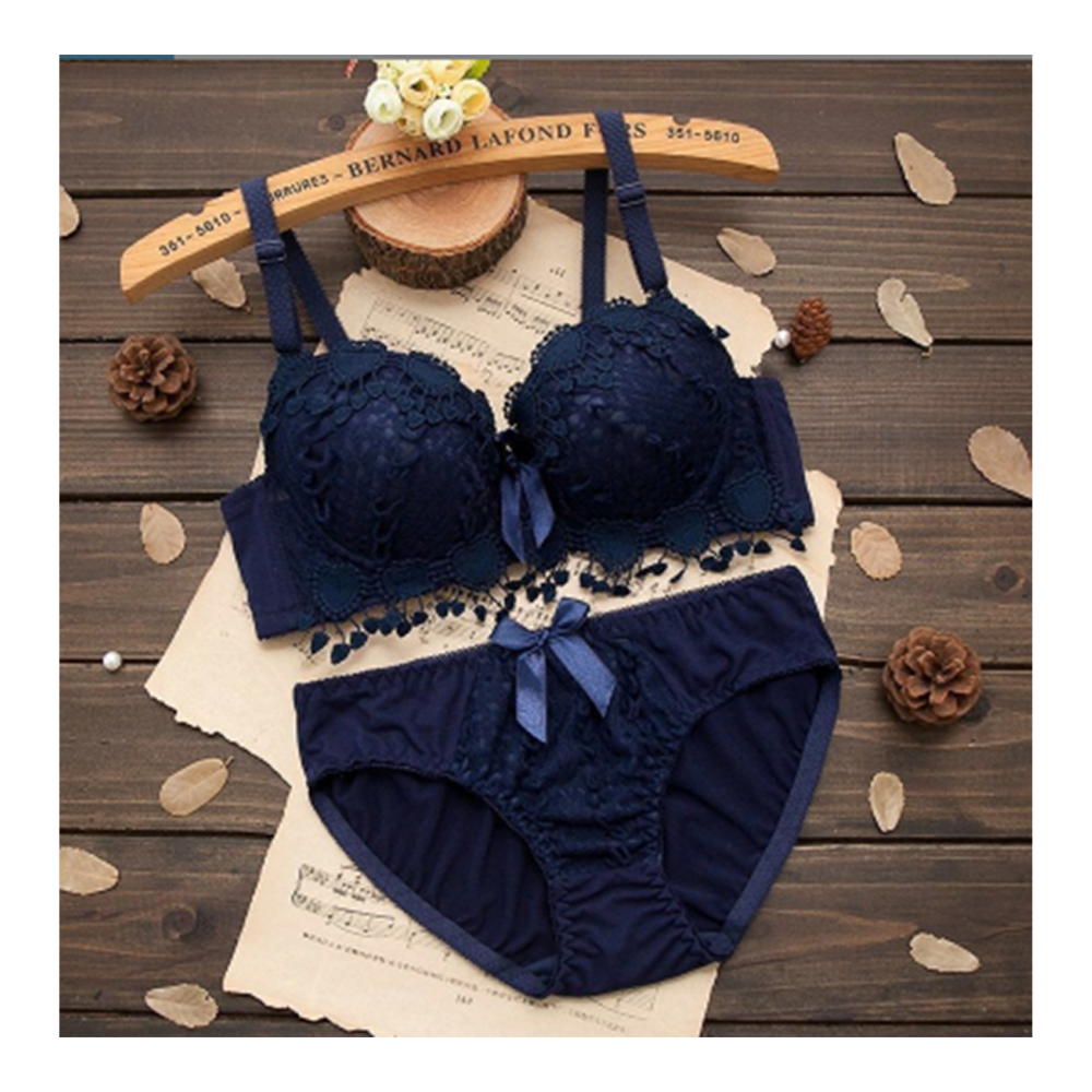 Spandex Floral Lace Push Up Bra and Underwear Set For Women - Blue - OCBlue