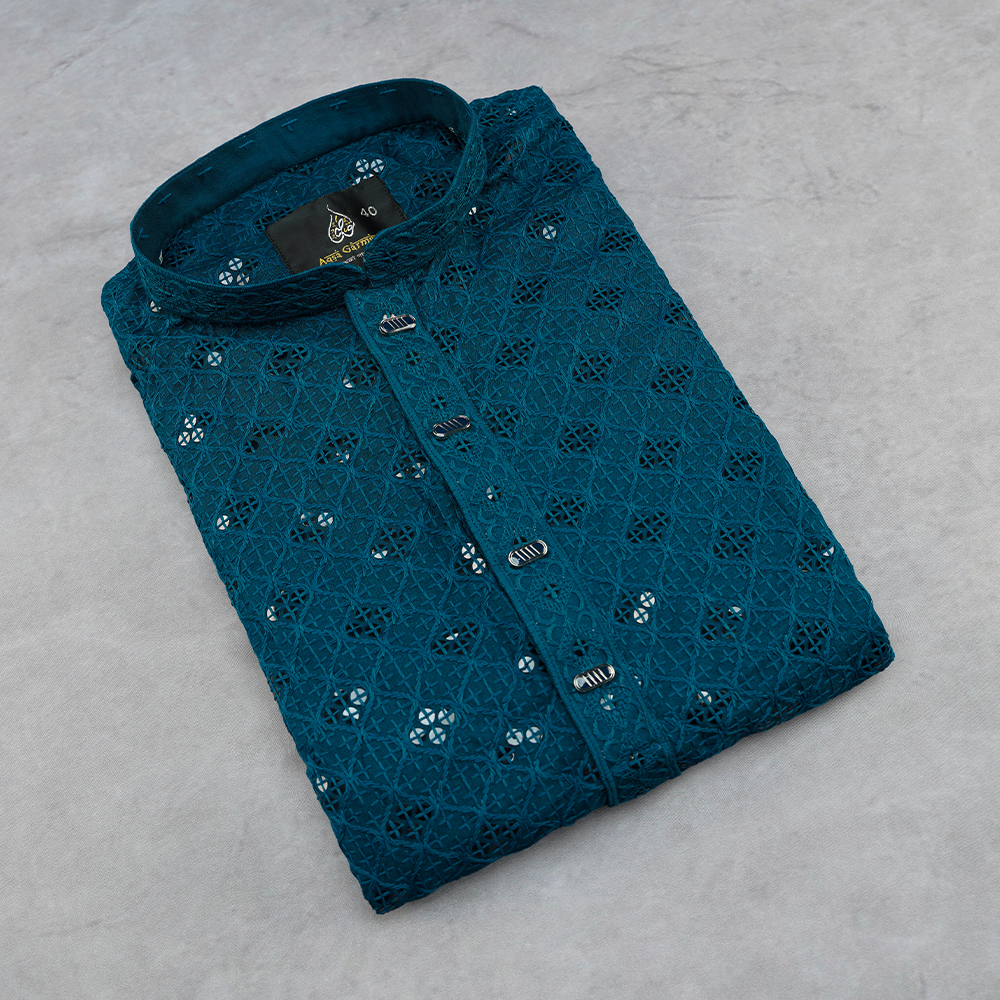 Sequence Embroidered Panjabi for Men - Sea Green