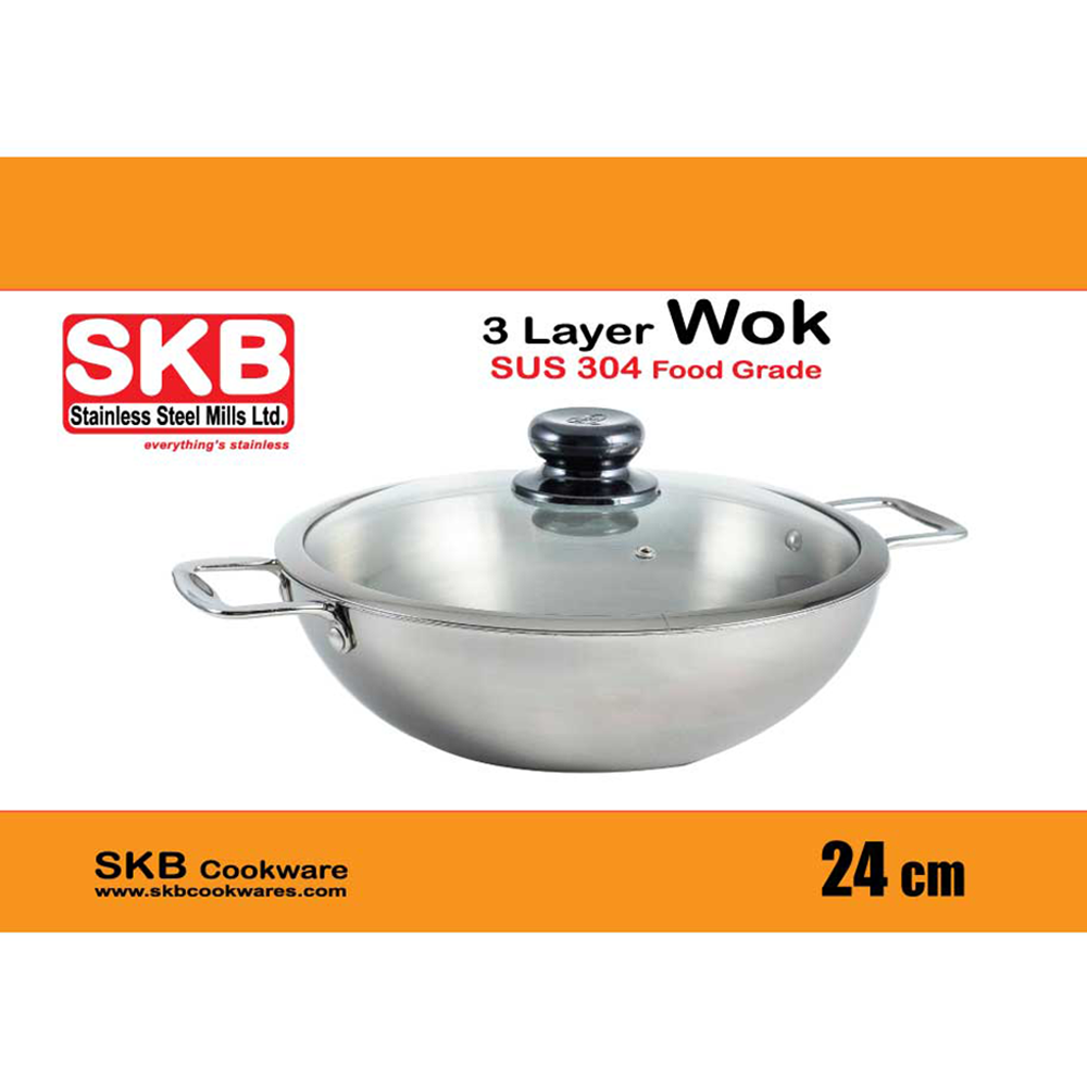 Stainless Steel 3 Layer Wok With Glass Lid - 24cm - Silver - Wok 3003