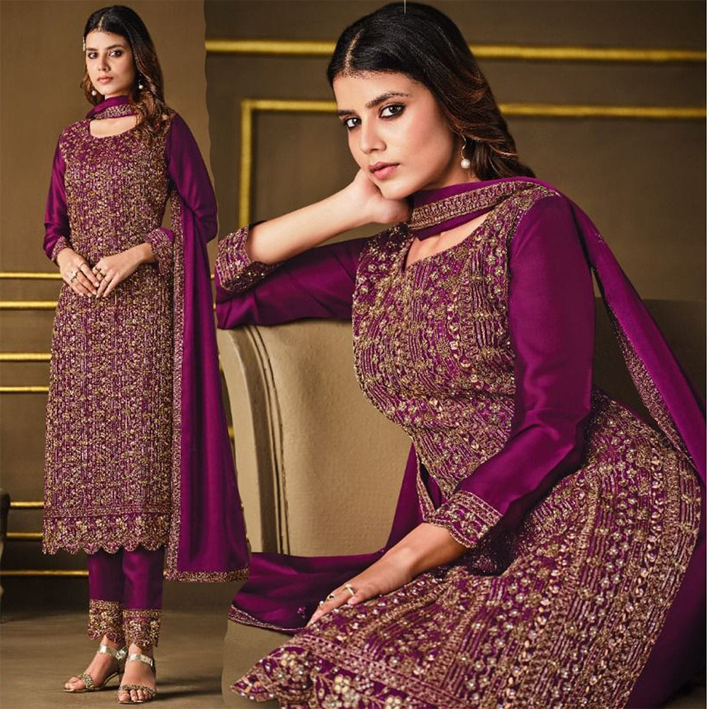 Unstitched Georgette Embroidery 4 Piece Salwar Kameez For Women - Purple - 4F-G9