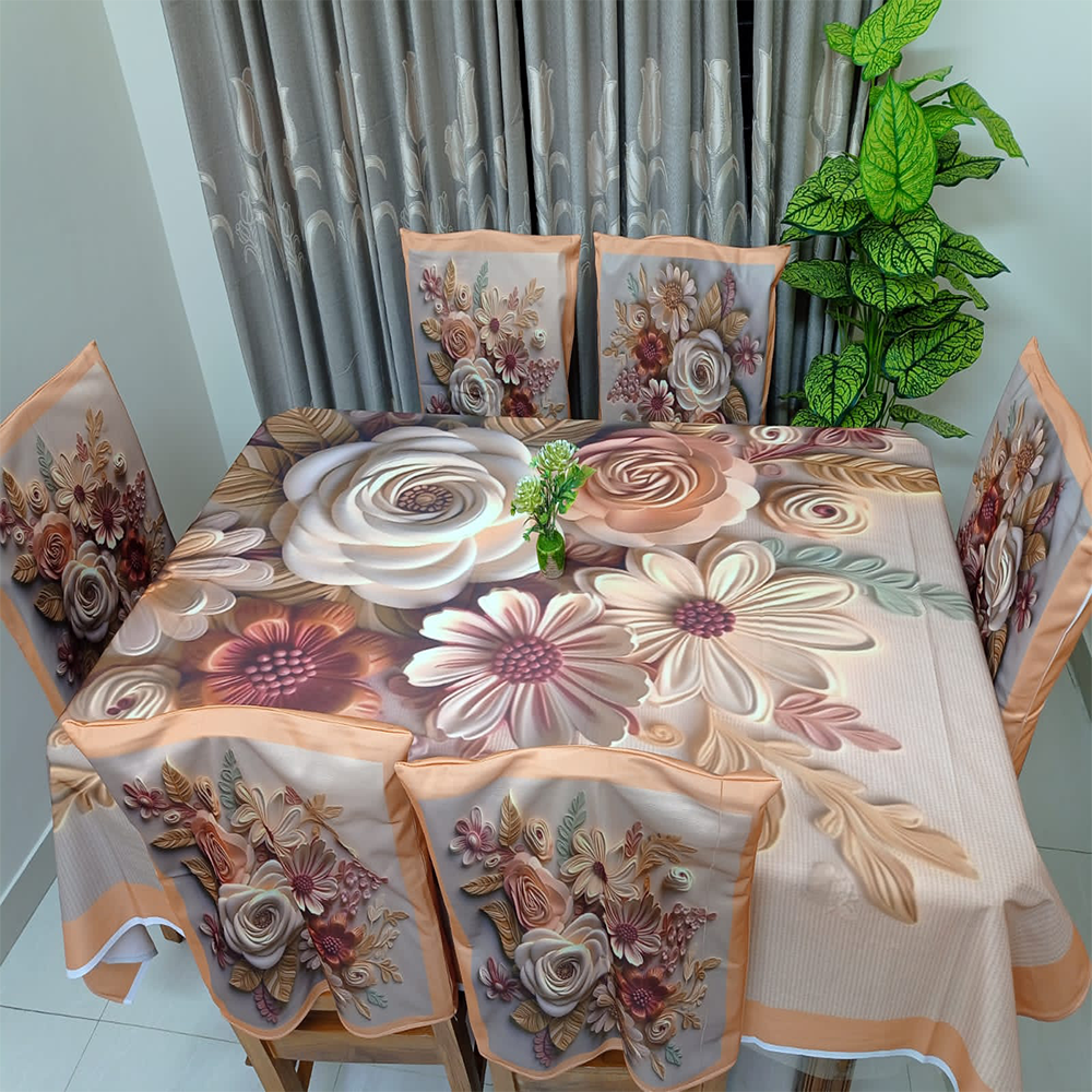 Velvet 3D Printed Dining Table Cloth with 6 Pcs Chair Cover - 60x84 Inch - Multicolor - TC-52