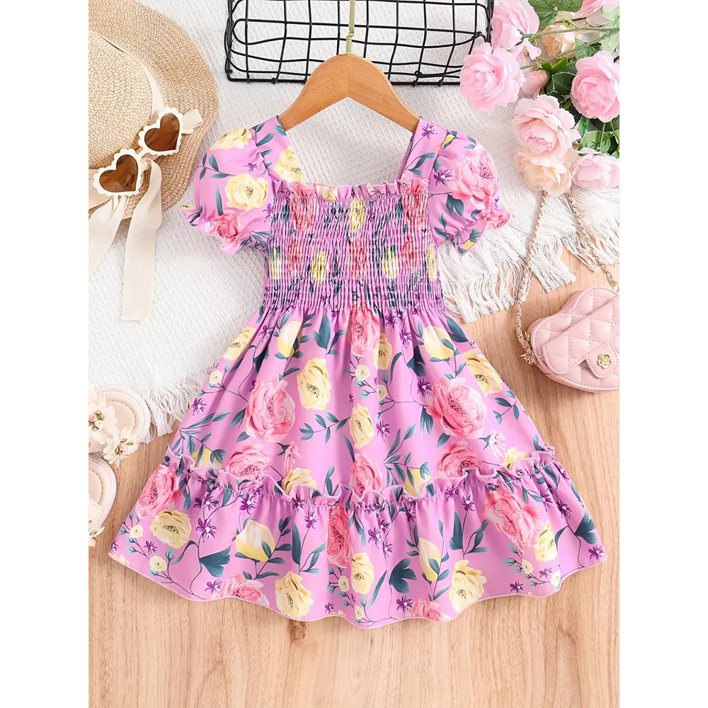 Linen Digital Print Long Gown Dress For Baby Girls - Pink - 1743