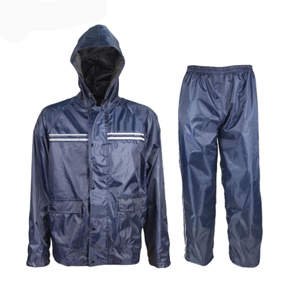 Parachute Nylon Rain Coat Waterproof Jacket and Pant Attached Cap - Navy Blue 