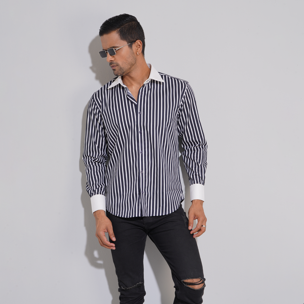 Cotton Full Sleeve Semi Formal Shirt for Men Black and White 07