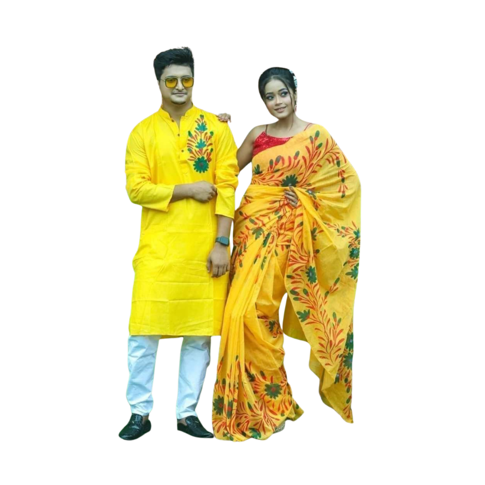 Cotton Silk Saree and Dhupian Cotton Panjabi Couple Dress - Orange & Yellow - SC60