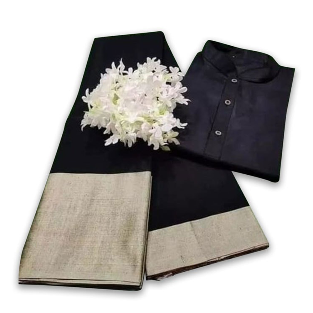 Half Silk Saree and Dupion Silk Panjabi with Gajra Couple Set - Black