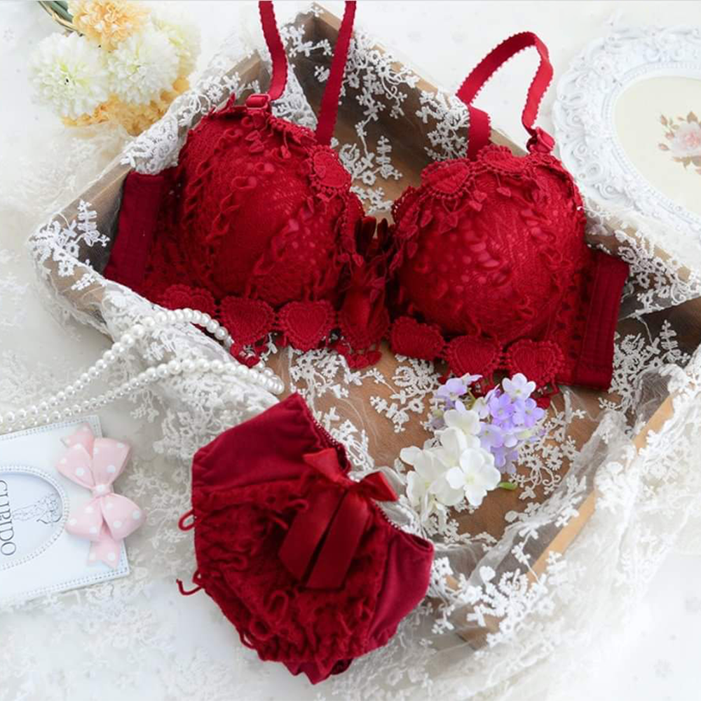 Spandex Push Up Lace Bra and Panty Set For Women - Red - BR-20