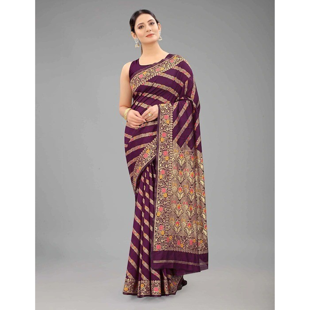 Silk Printed Gorgeous Saree With Blouse Piece For Women - Purple - MN-733