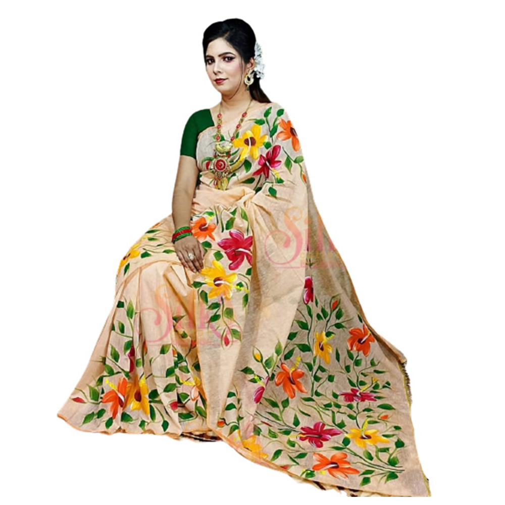 Half Silk Hand Print Saree For Women - Peach - SP-118