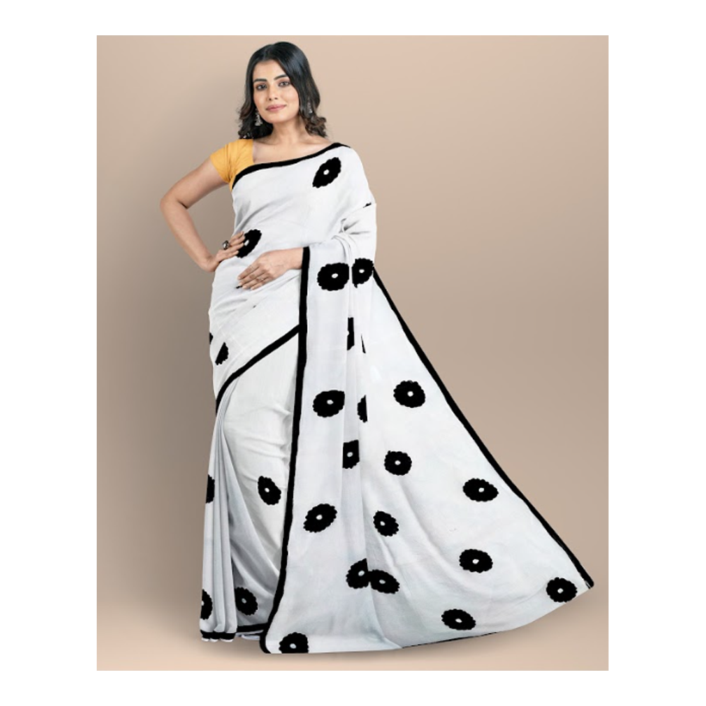 Half Silk Tangail Tant Saree For Women - White and Black - TTS-105