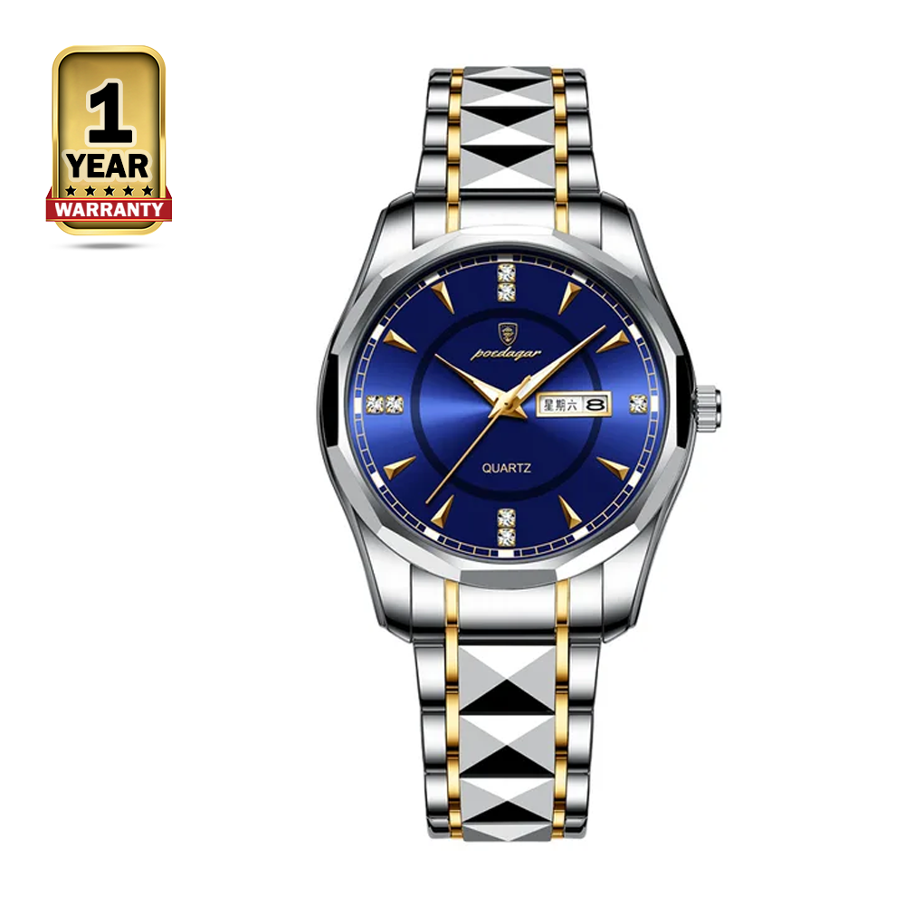 Poedagar 980 Stainless Steel Waterproof Watch For Men  - Gold Blue