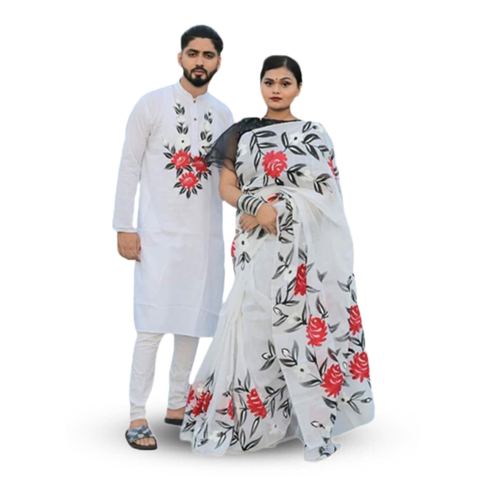 Hand Print Couple Set Saree With Panjabi - White - CS-85 