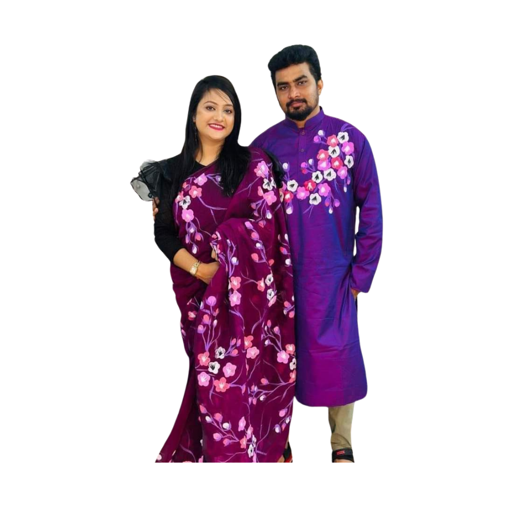 Cotton Silk Saree and Dhupian Cotton Panjabi Couple Dress - Purple - SC39