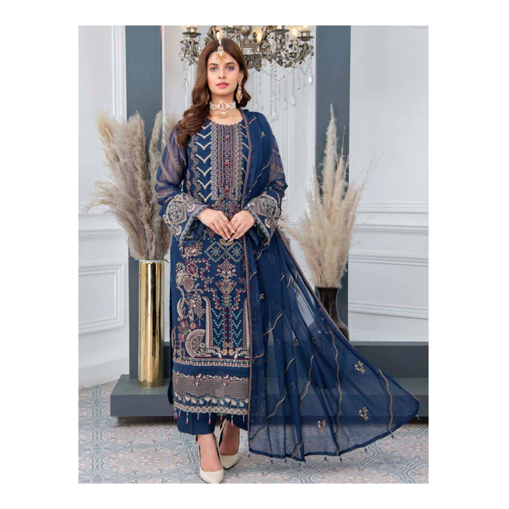 Semi-stitched Chiffon Party Dress for Women - Blue - HP-3PP-301 (1 Pc Ring Free)