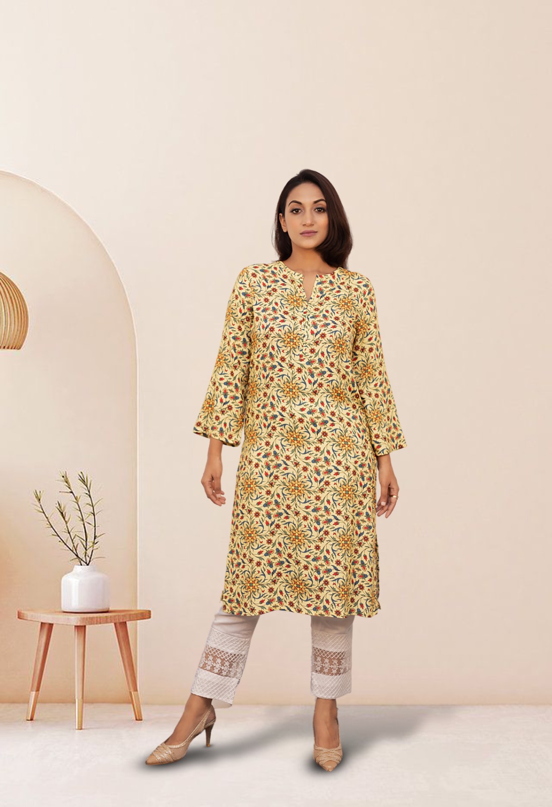 Basra Viscose Kurti For Women - Yellow - ELV012