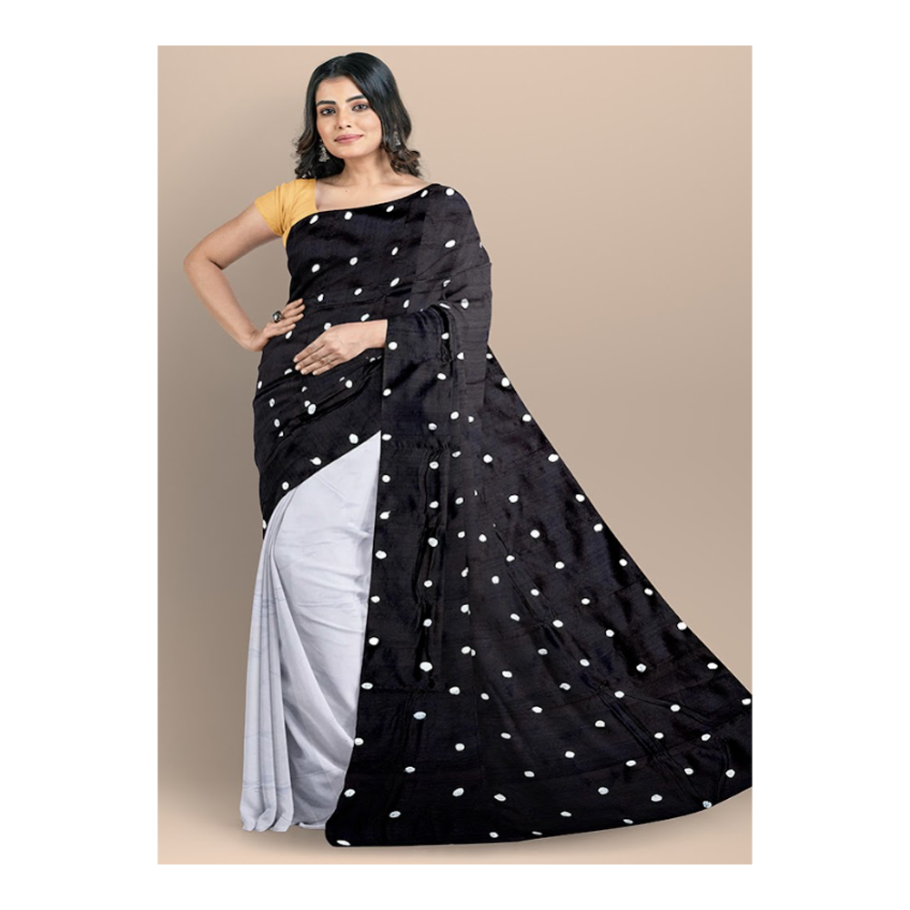 Half Silk Tangail Tant Saree For Women - White and Black - TTS-100