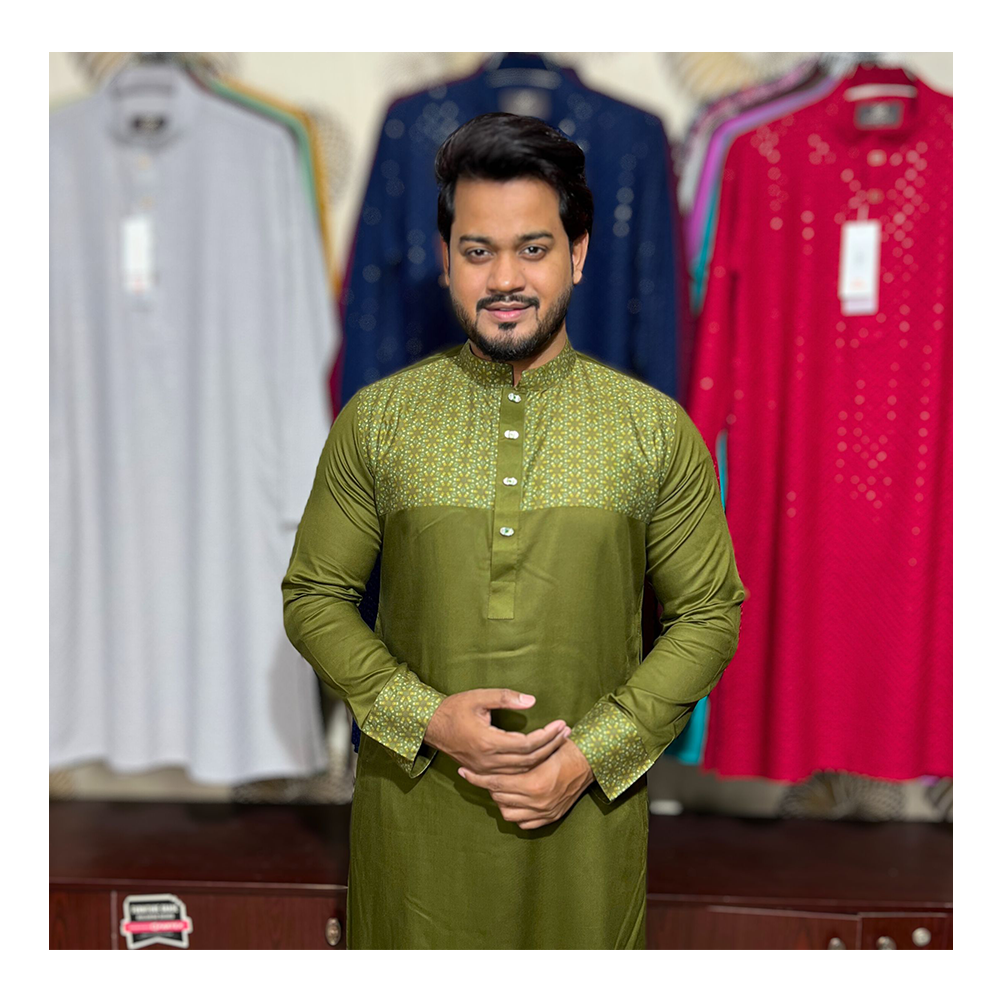 Soft Cotton Contrast Embroidery Panjabi For Men - Olive