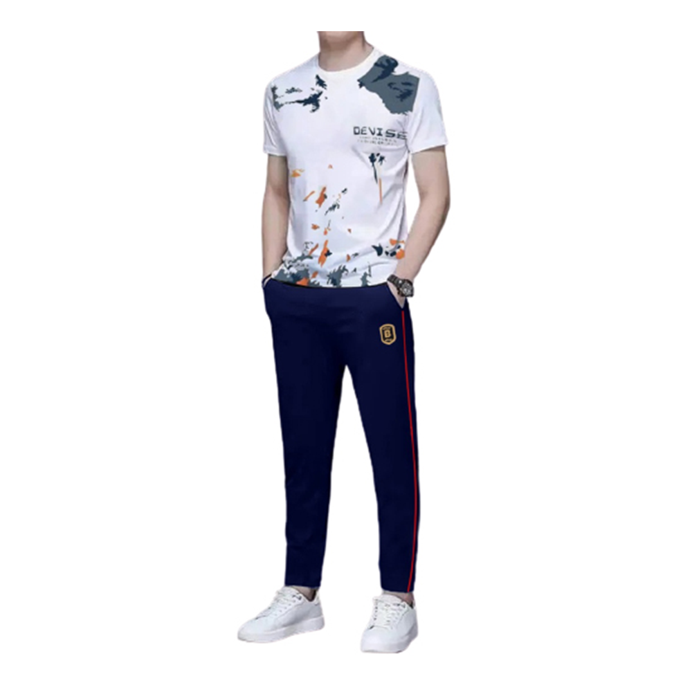 PP Jersey T-Shirt With Trouser Full Track Suit - White and Navy Blue - TF-08