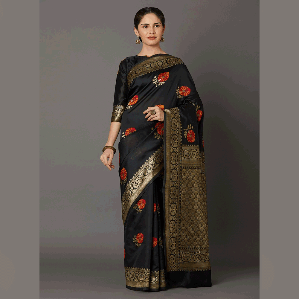 Silk Printed Saree With Blouse Piece For Women - Black