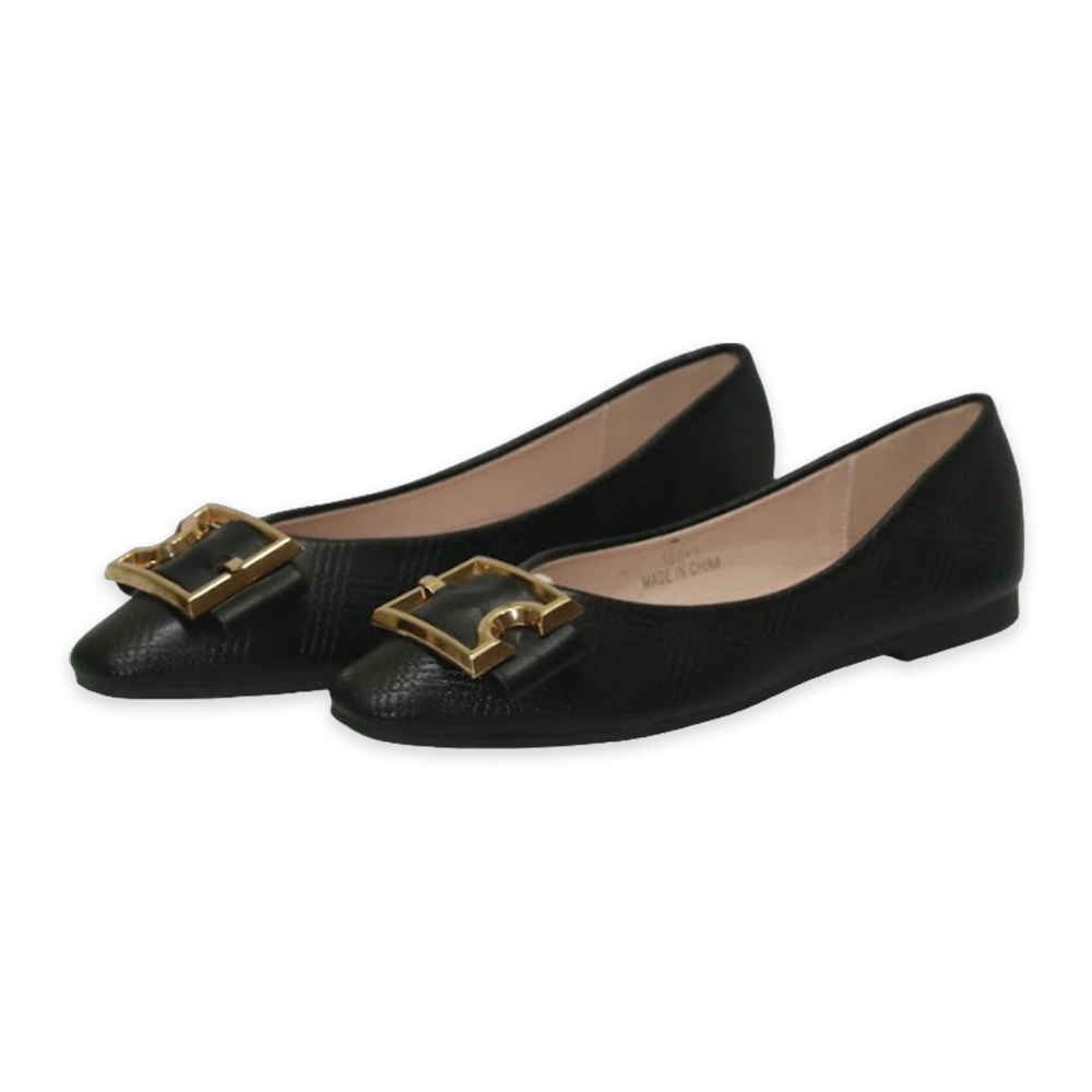 PU leather Flat Pump Shoe For Women - Black - 568-1