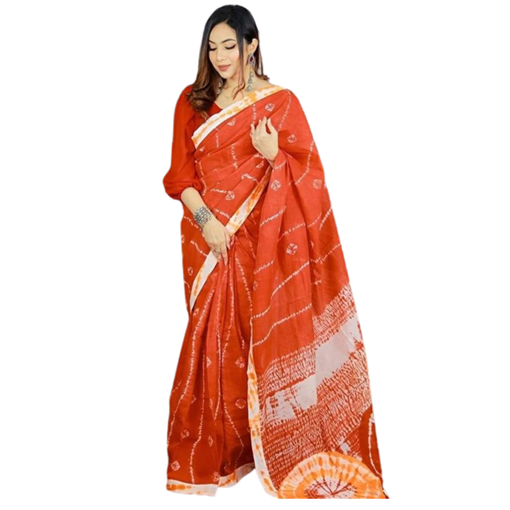 Vegetable Cotton Print Batik Saree For Women - Orange - SB-83