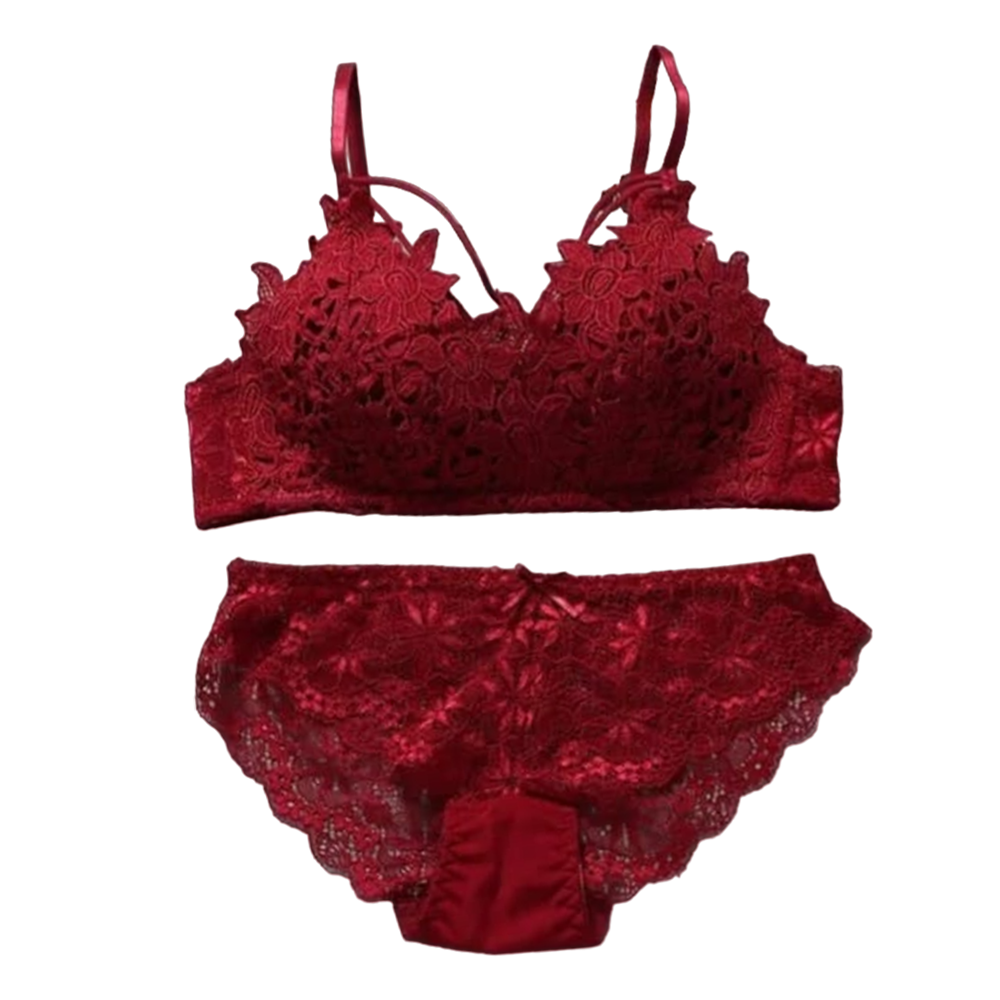 Spandex Floral Lace Push Up Bra and Underwear Set For Women