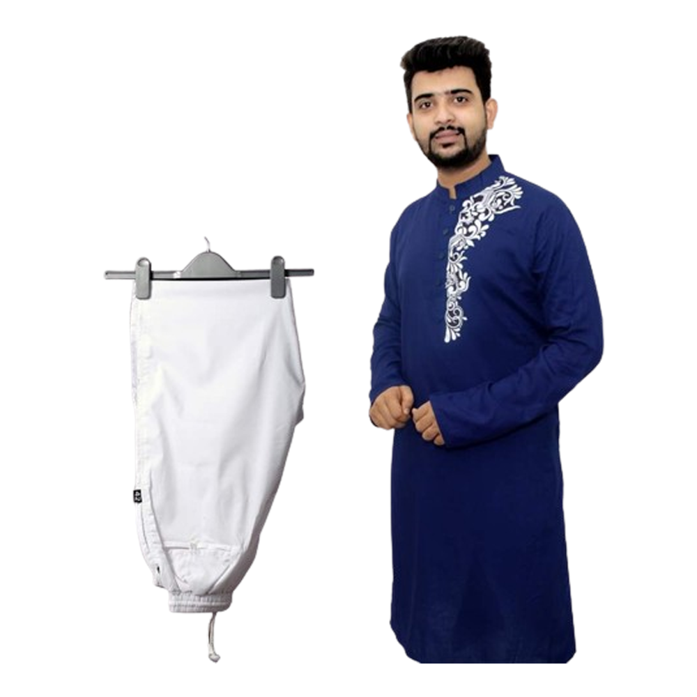 Cotton Printed Semi Long Panjabi Payjama Set For Men - Dark Blue and White